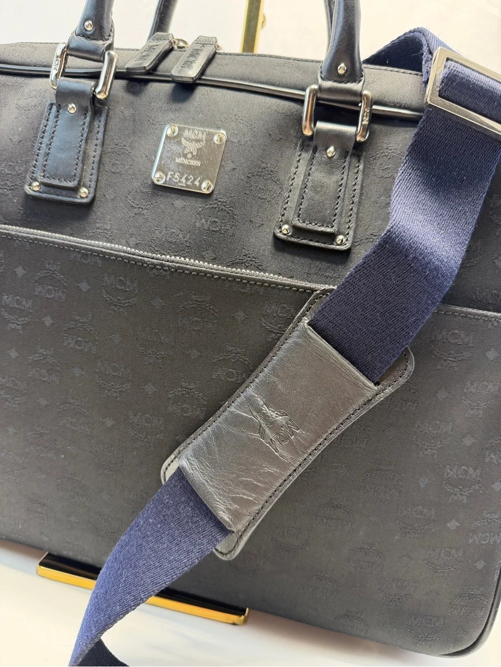 MCM Black Leather Briefcase with Navy Strap
